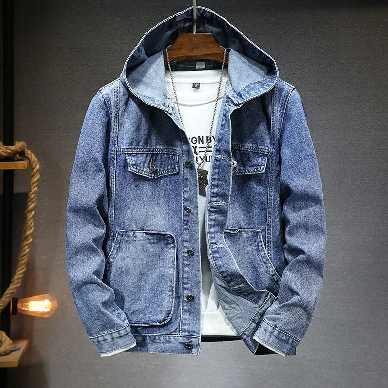Men's slim-fit hooded denim jacket in light blue with cotton lining
