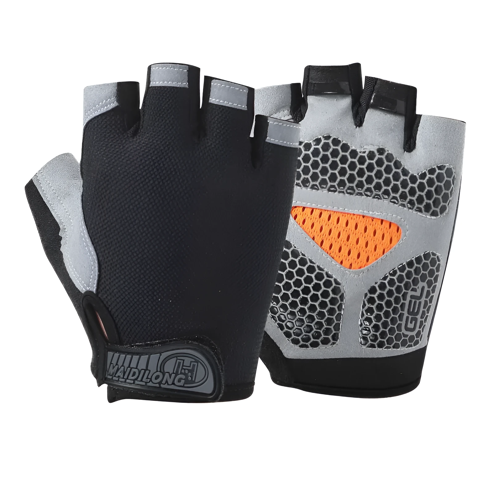 Pair of half finger fitness gloves in frosted nylon with non-slip pattern, available in multiple colours and sizes