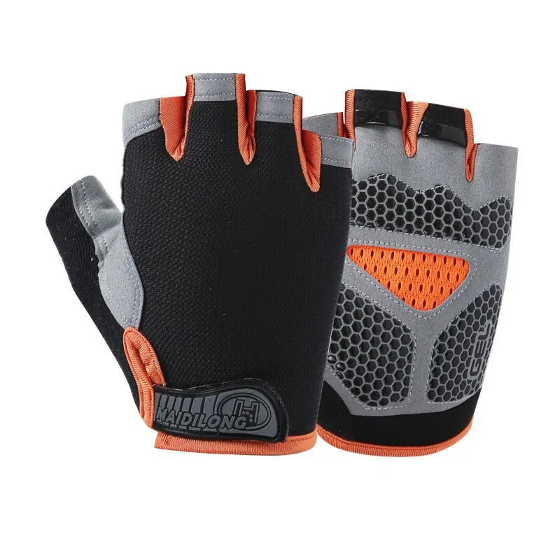 Pair of half finger fitness gloves in frosted nylon with non-slip pattern, available in multiple colours and sizes