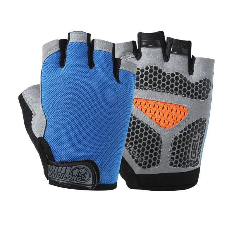 Pair of half finger fitness gloves in frosted nylon with non-slip pattern, available in multiple colours and sizes