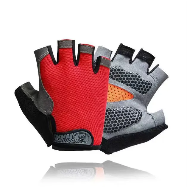 Pair of half finger fitness gloves in frosted nylon with non-slip pattern, available in multiple colours and sizes