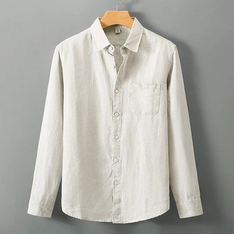 Linen long sleeve loose fit Chinese style cardigan shirt in solid colour
