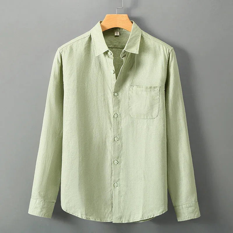 Linen long sleeve loose fit Chinese style cardigan shirt in solid colour