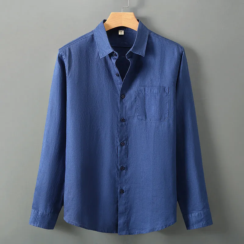 Linen long sleeve loose fit Chinese style cardigan shirt in solid colour