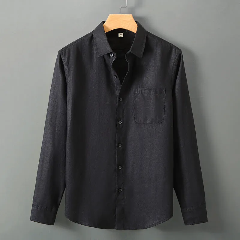 Linen long sleeve loose fit Chinese style cardigan shirt in solid colour