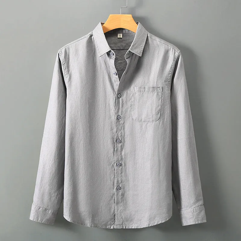 Linen long sleeve loose fit Chinese style cardigan shirt in solid colour