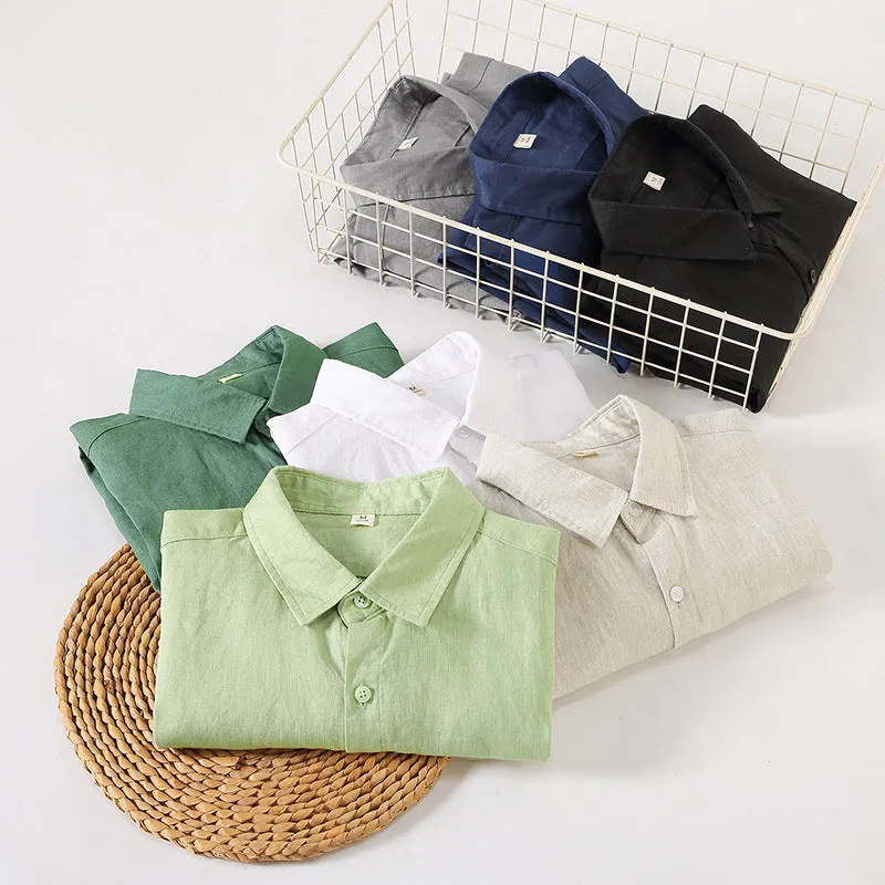 Linen long sleeve loose fit Chinese style cardigan shirt in solid colour