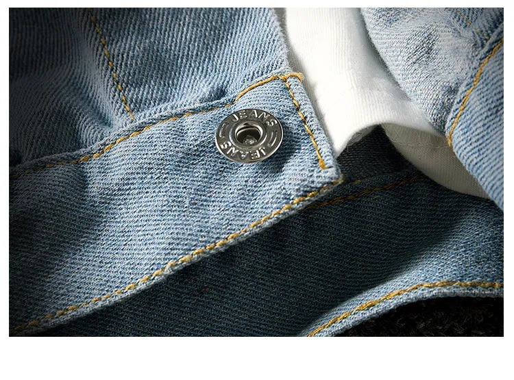 Men's blue denim jacket with lapel collar, single-breasted front, and side seam pockets on a model