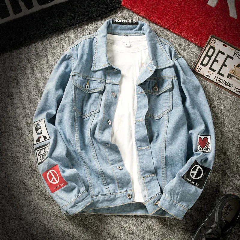 Men's blue denim jacket with lapel collar, single-breasted front, and side seam pockets on a model