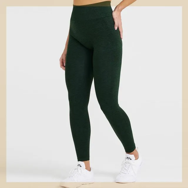 Women's seamless scrunch butt leggings in straight-leg style, available in Black, coal, rosewood, midnight, evergreen, and sage colours