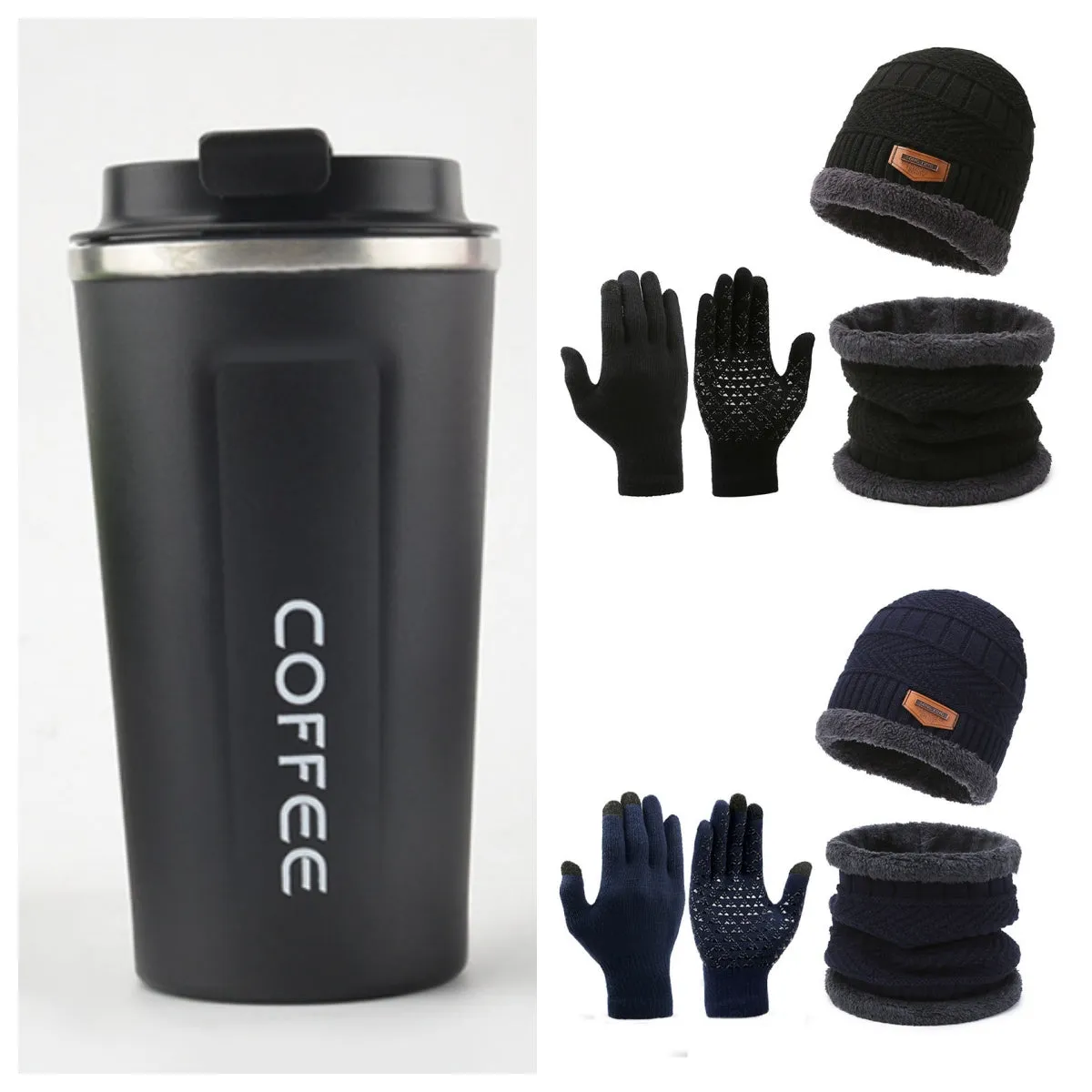 Men's winter knitted scarf, hat, and gloves three-piece set in fleece-lined polyester fibre, available in multiple colours