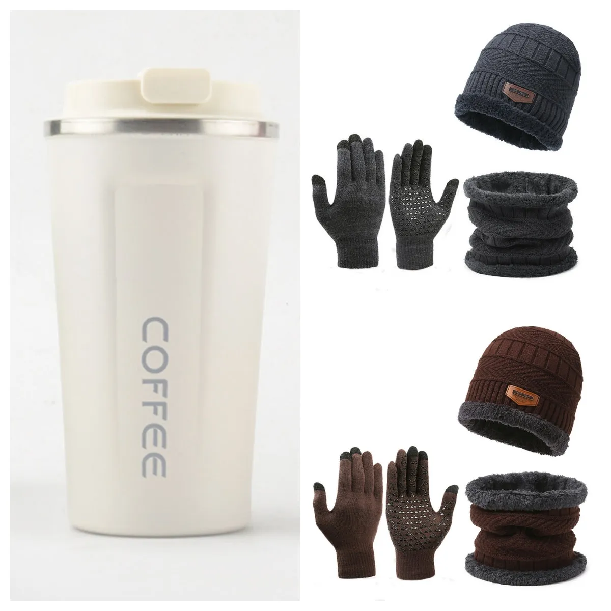 Men's winter knitted scarf, hat, and gloves three-piece set in fleece-lined polyester fibre, available in multiple colours