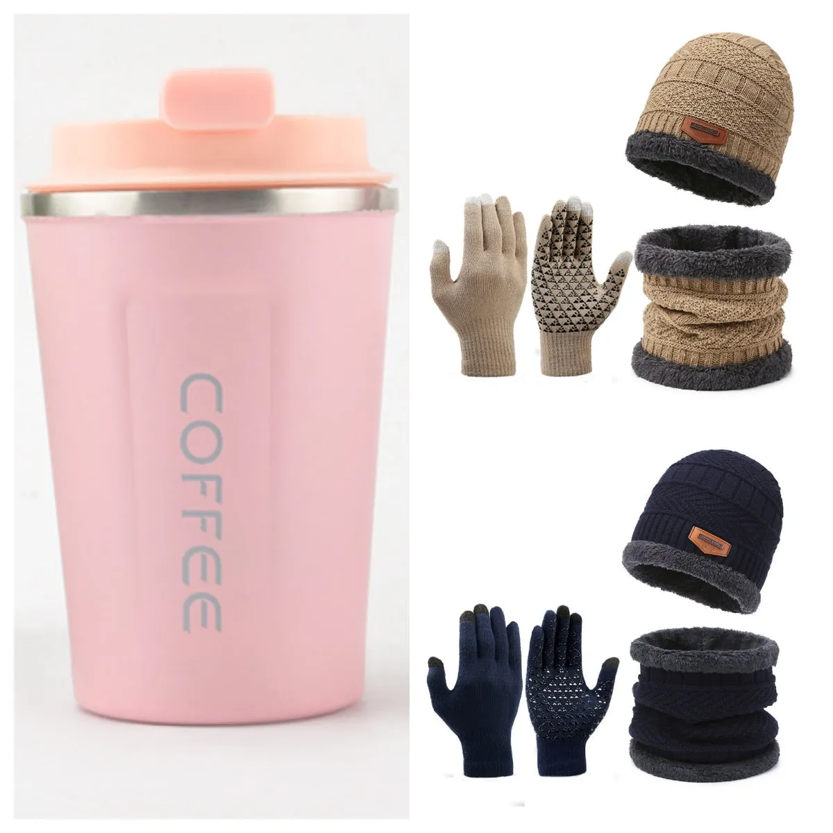 Men's winter knitted scarf, hat, and gloves three-piece set in fleece-lined polyester fibre, available in multiple colours