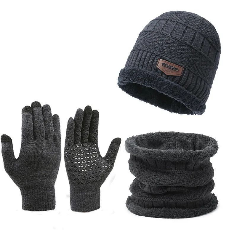 Men's winter knitted scarf, hat, and gloves three-piece set in fleece-lined polyester fibre, available in multiple colours