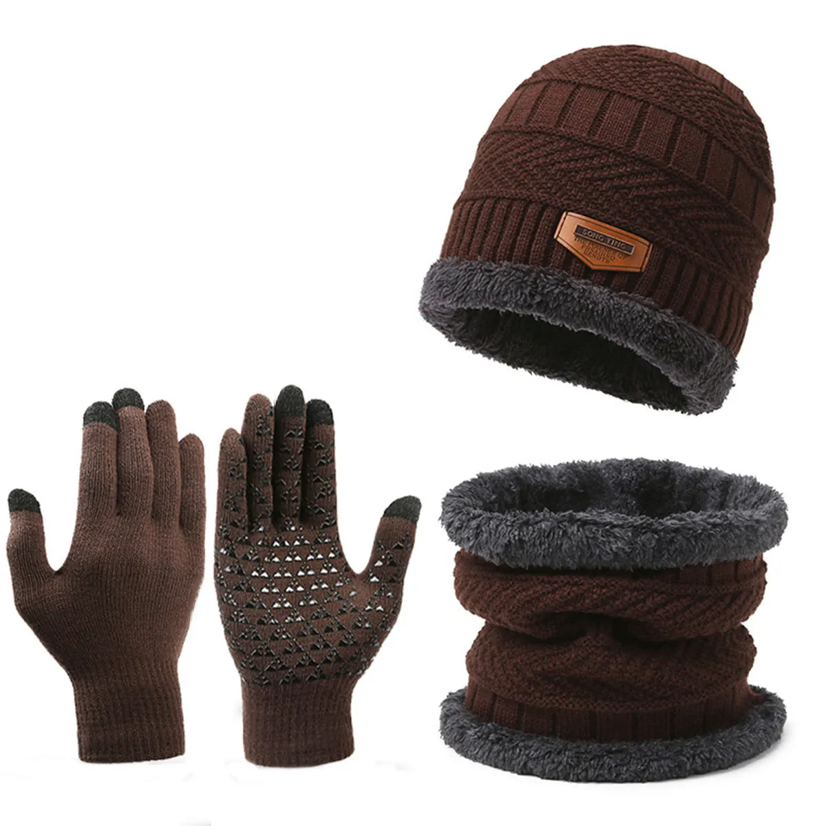 Men's winter knitted scarf, hat, and gloves three-piece set in fleece-lined polyester fibre, available in multiple colours