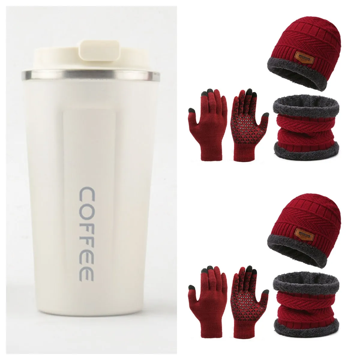 Men's winter knitted scarf, hat, and gloves three-piece set in fleece-lined polyester fibre, available in multiple colours