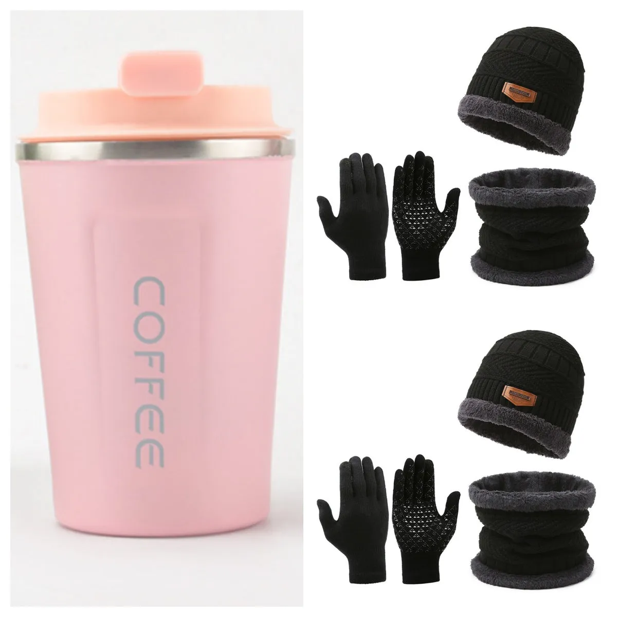 Men's winter knitted scarf, hat, and gloves three-piece set in fleece-lined polyester fibre, available in multiple colours