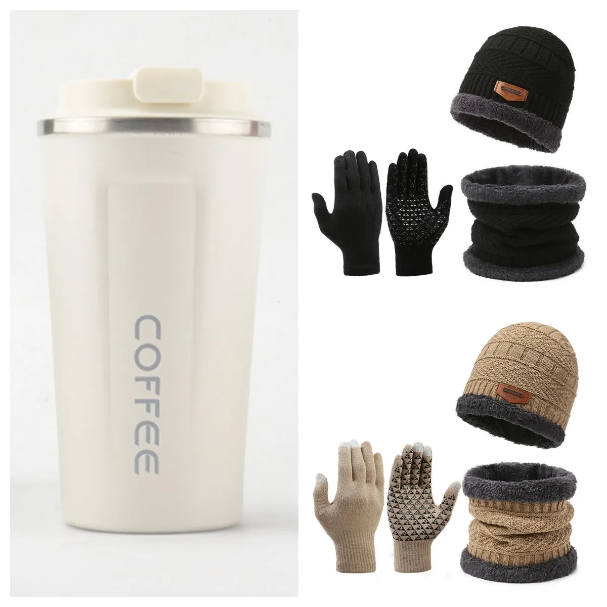 Men's winter knitted scarf, hat, and gloves three-piece set in fleece-lined polyester fibre, available in multiple colours