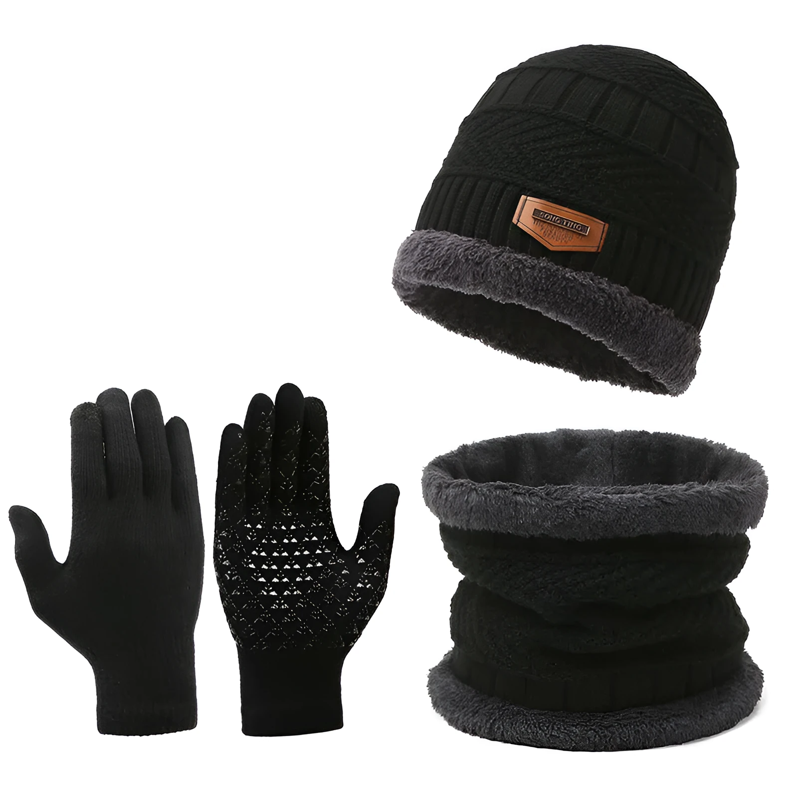 Men's winter knitted scarf, hat, and gloves three-piece set in fleece-lined polyester fibre, available in multiple colours