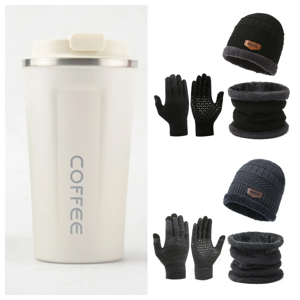 Men's winter knitted scarf, hat, and gloves three-piece set in fleece-lined polyester fibre, available in multiple colours