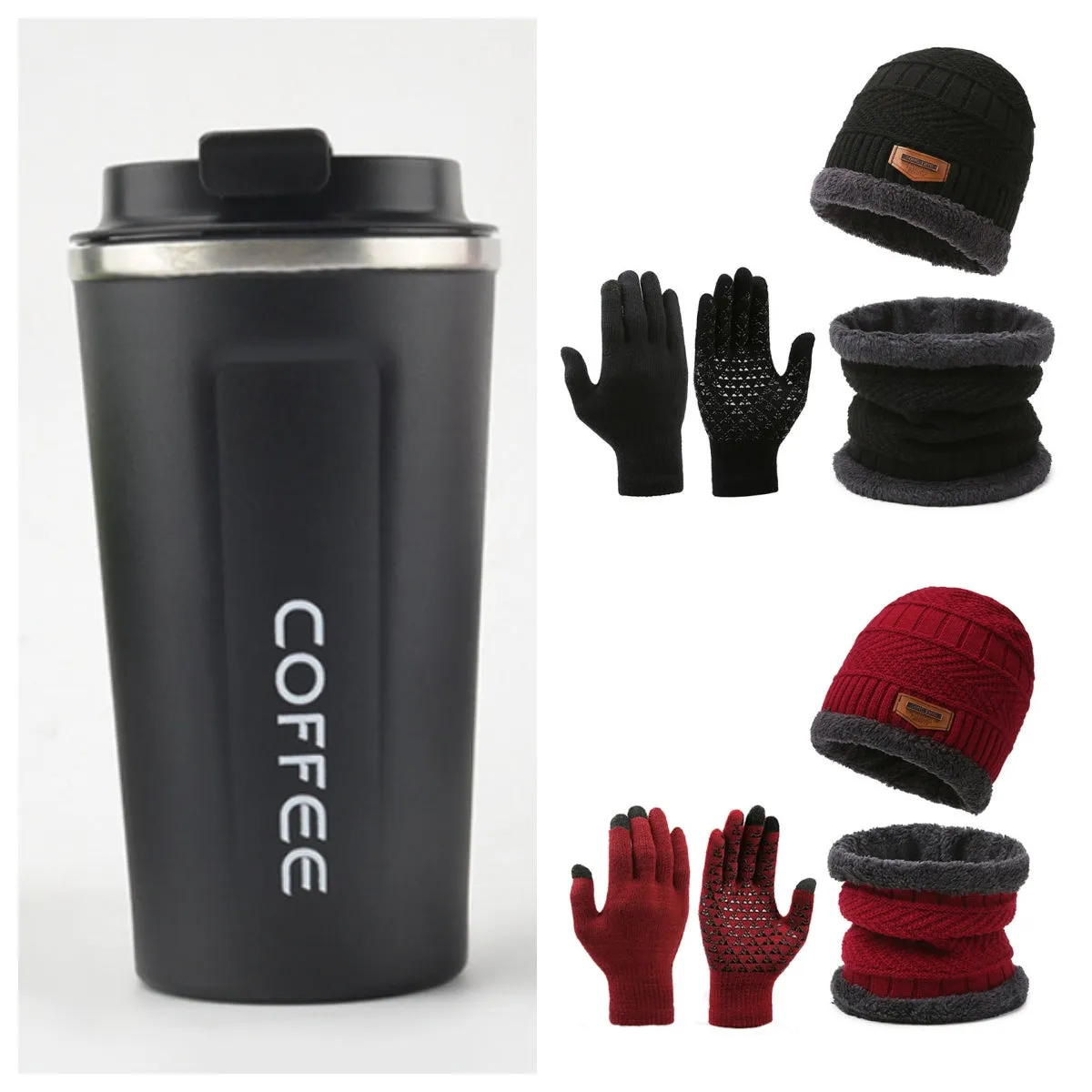 Men's winter knitted scarf, hat, and gloves three-piece set in fleece-lined polyester fibre, available in multiple colours