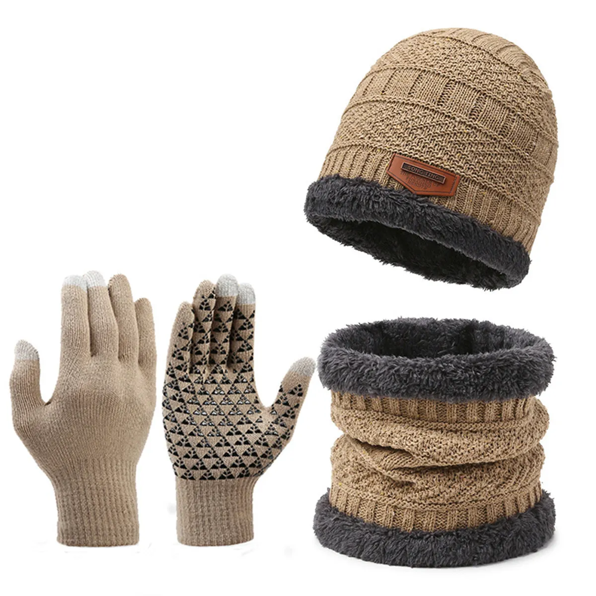 Men's winter knitted scarf, hat, and gloves three-piece set in fleece-lined polyester fibre, available in multiple colours