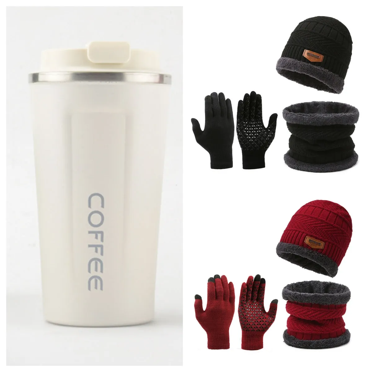 Men's winter knitted scarf, hat, and gloves three-piece set in fleece-lined polyester fibre, available in multiple colours