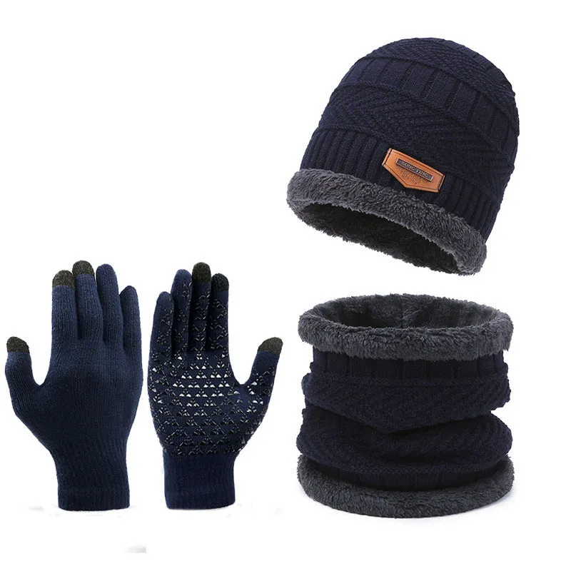 Men's winter knitted scarf, hat, and gloves three-piece set in fleece-lined polyester fibre, available in multiple colours