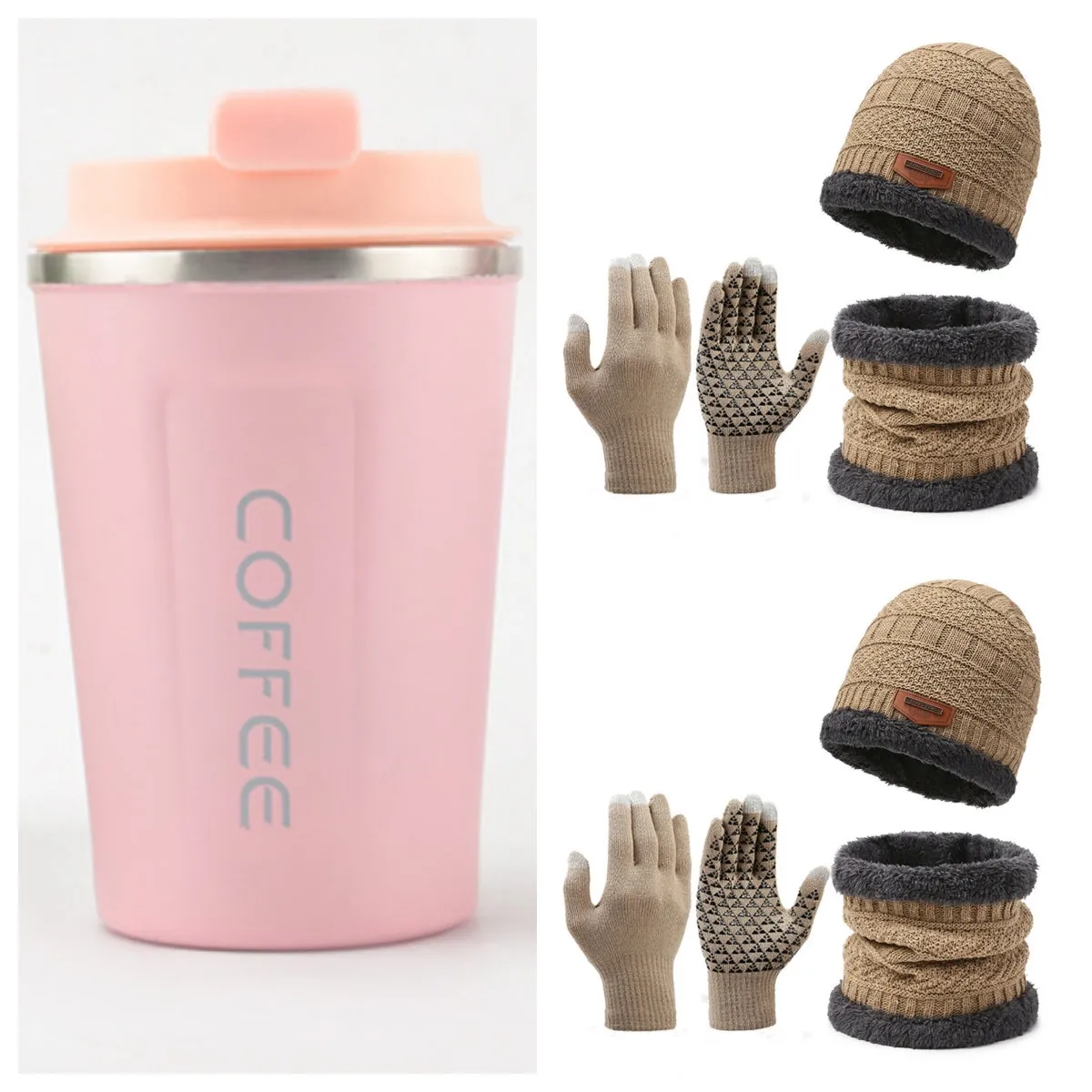 Men's winter knitted scarf, hat, and gloves three-piece set in fleece-lined polyester fibre, available in multiple colours