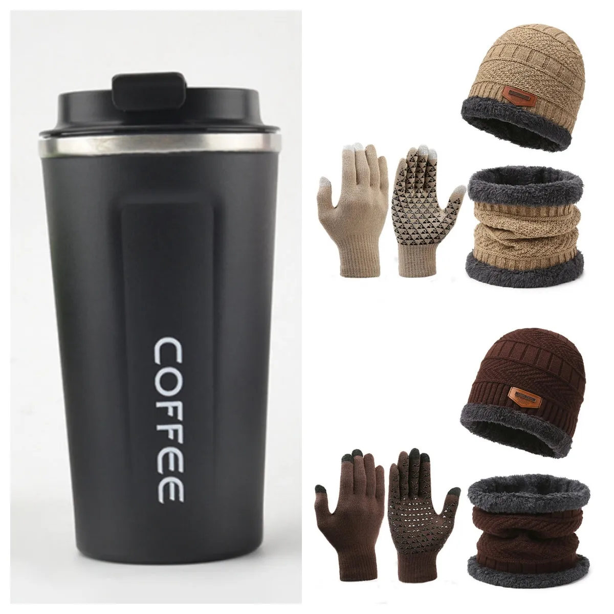 Men's winter knitted scarf, hat, and gloves three-piece set in fleece-lined polyester fibre, available in multiple colours