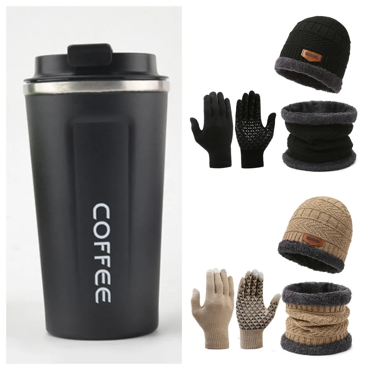 Men's winter knitted scarf, hat, and gloves three-piece set in fleece-lined polyester fibre, available in multiple colours