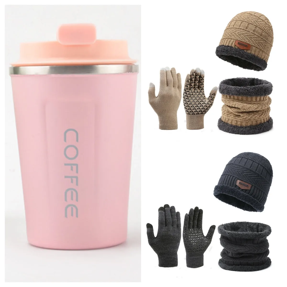 Men's winter knitted scarf, hat, and gloves three-piece set in fleece-lined polyester fibre, available in multiple colours