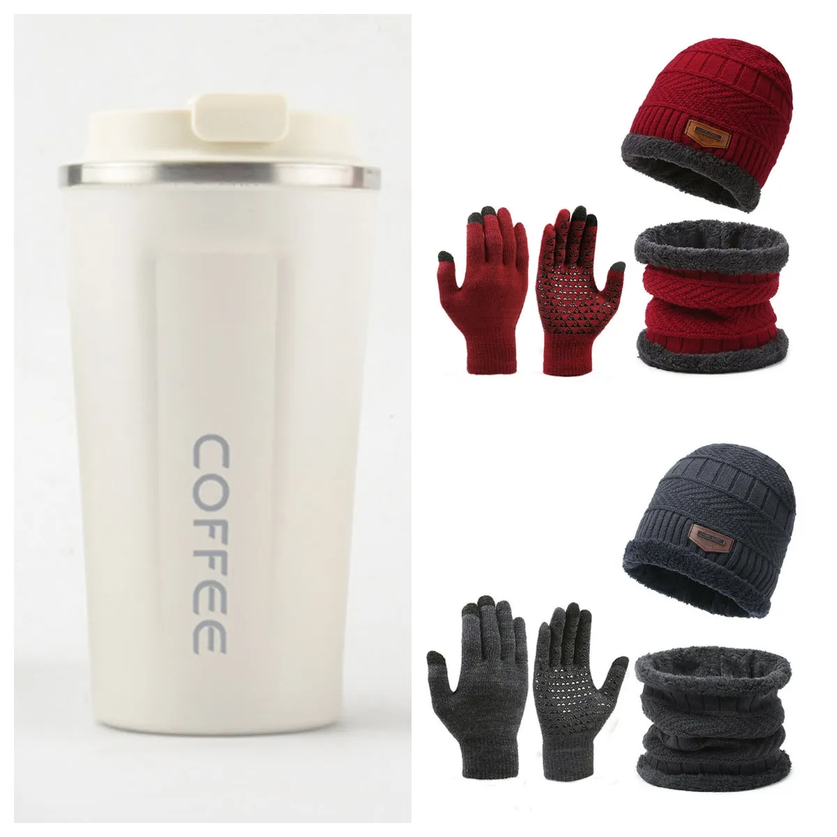 Men's winter knitted scarf, hat, and gloves three-piece set in fleece-lined polyester fibre, available in multiple colours