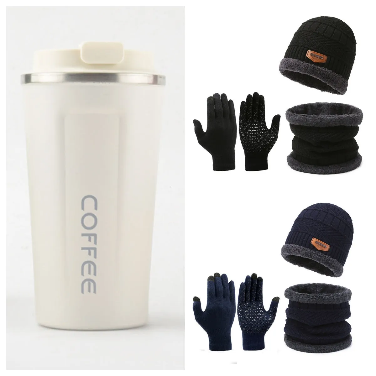 Men's winter knitted scarf, hat, and gloves three-piece set in fleece-lined polyester fibre, available in multiple colours