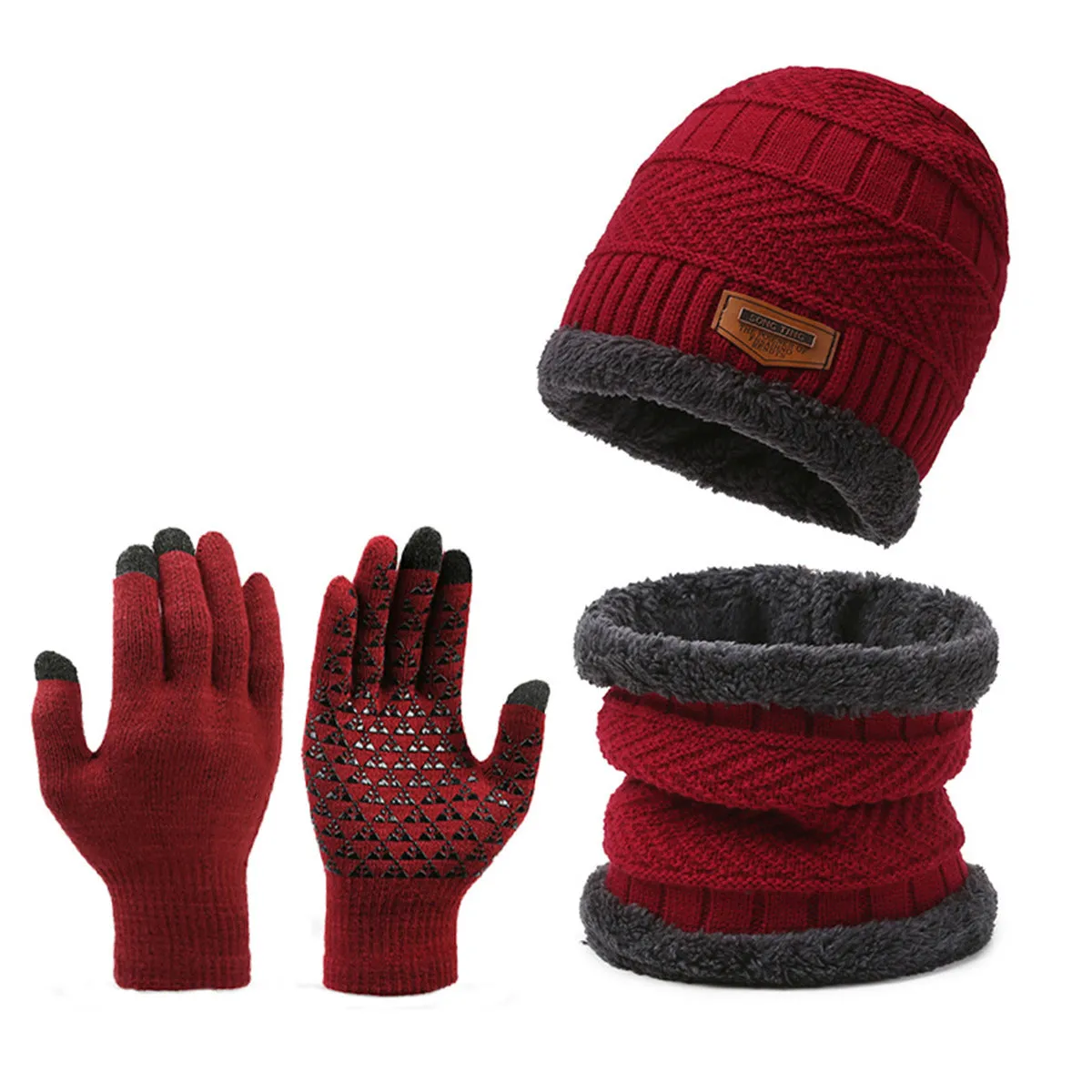Men's winter knitted scarf, hat, and gloves three-piece set in fleece-lined polyester fibre, available in multiple colours