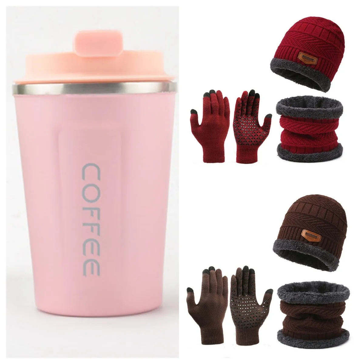 Men's winter knitted scarf, hat, and gloves three-piece set in fleece-lined polyester fibre, available in multiple colours