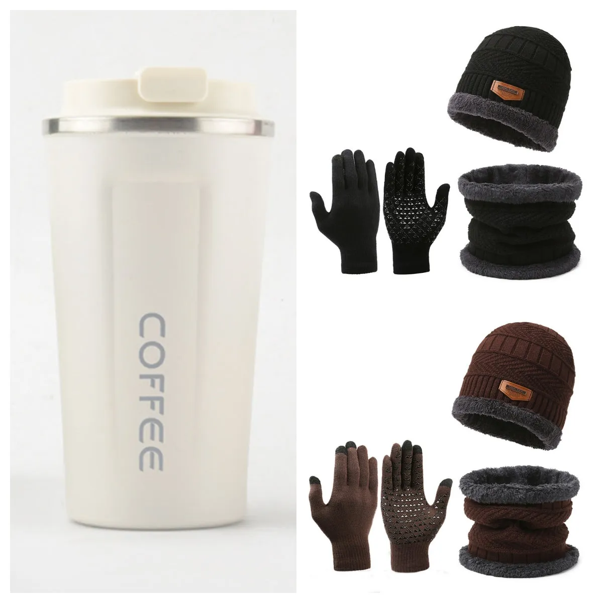 Men's winter knitted scarf, hat, and gloves three-piece set in fleece-lined polyester fibre, available in multiple colours