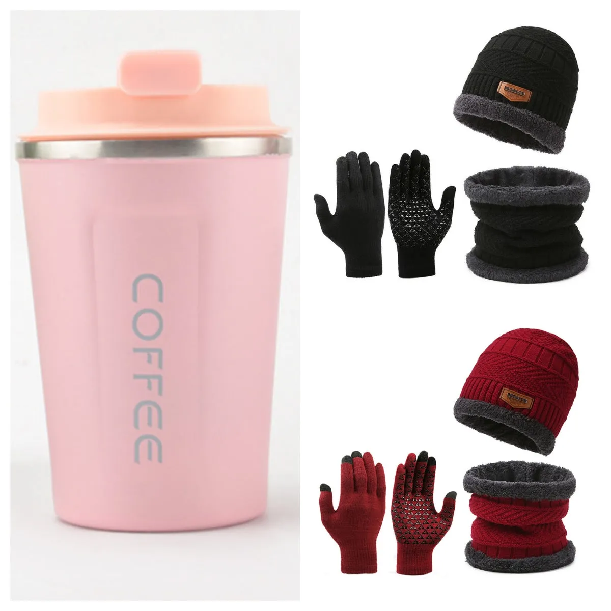 Men's winter knitted scarf, hat, and gloves three-piece set in fleece-lined polyester fibre, available in multiple colours