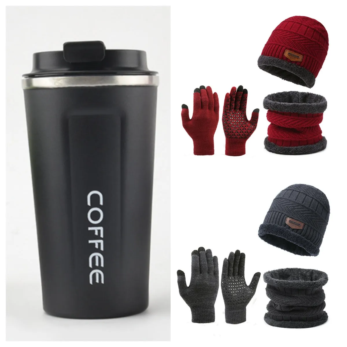 Men's winter knitted scarf, hat, and gloves three-piece set in fleece-lined polyester fibre, available in multiple colours
