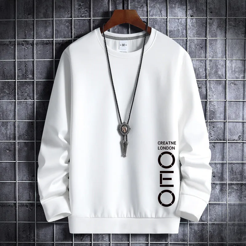 Men's thin round neck sweater in white, cotton polyester blend, pullover style, Korean hipster sportswear