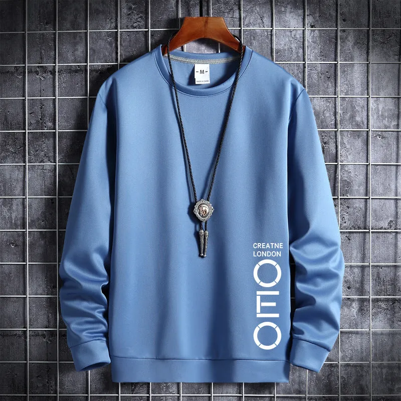 Men's thin round neck sweater in white, cotton polyester blend, pullover style, Korean hipster sportswear