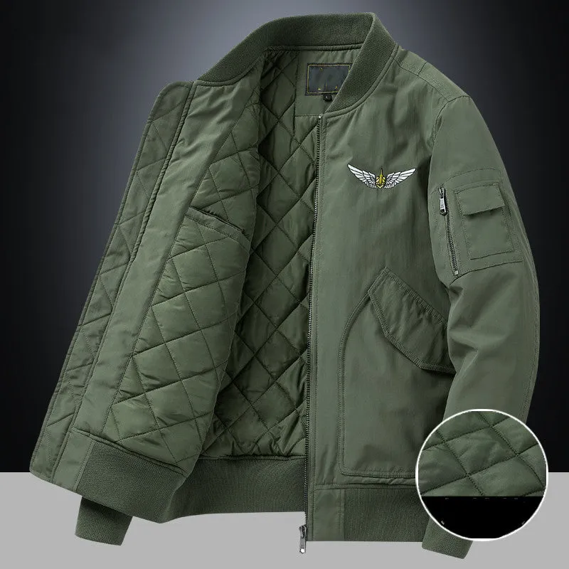 Men's fashion casual brushed jacket in satin cloth with baseball collar, army green, thickened for warmth