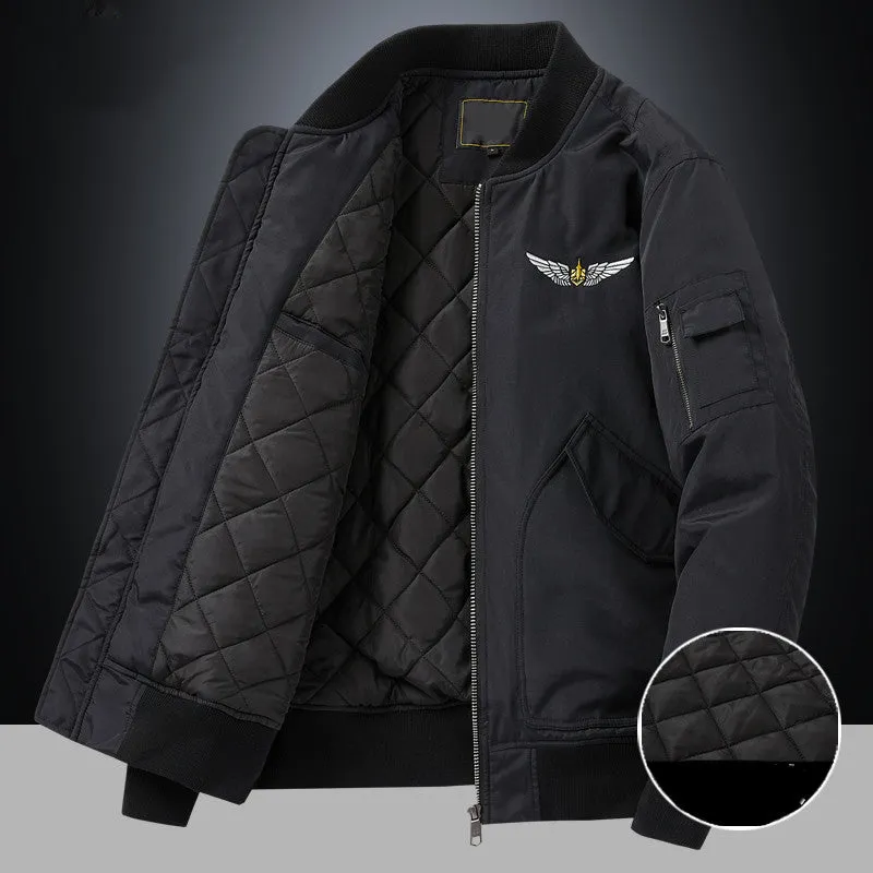 Men's fashion casual brushed jacket in satin cloth with baseball collar, army green, thickened for warmth