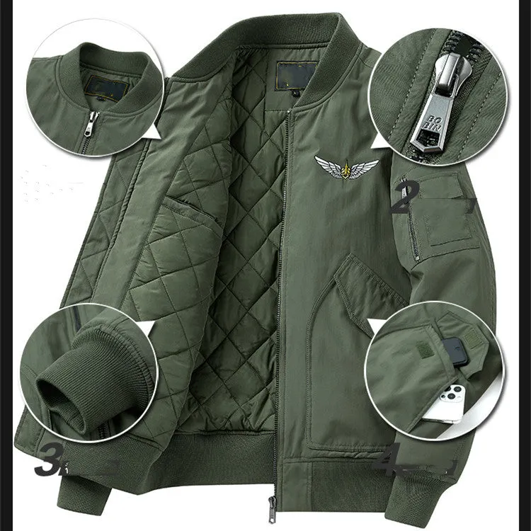Men's fashion casual brushed jacket in satin cloth with baseball collar, army green, thickened for warmth