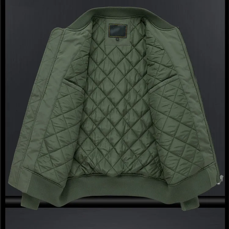 Men's fashion casual brushed jacket in satin cloth with baseball collar, army green, thickened for warmth