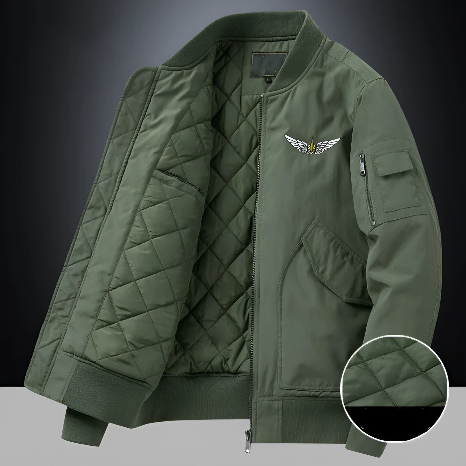 Men's fashion casual brushed jacket in satin cloth with baseball collar, army green, thickened for warmth
