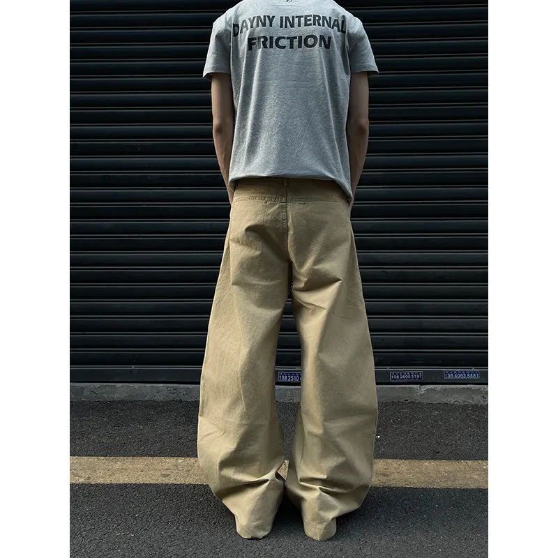 Men's straight-leg cotton trousers in solid khaki colour showing front view