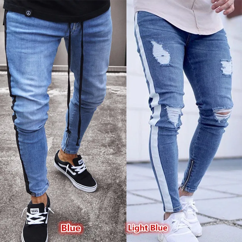Men's ripped nostalgic light blue cotton-spandex straight leg jeans with zipper fly, front view