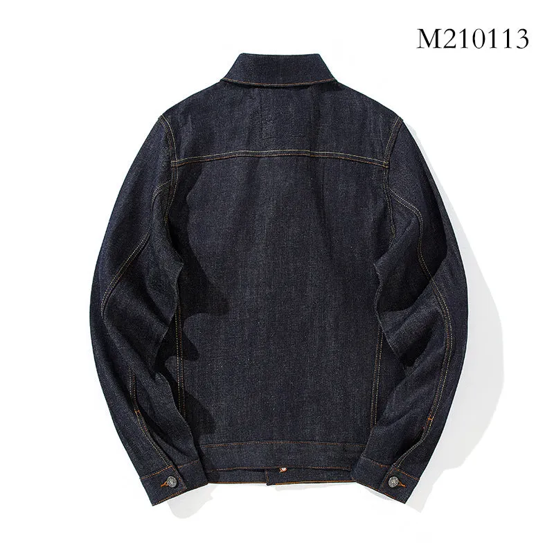 Men's Japanese retro style cotton denim jacket in fruit puree solid colour with loose fit and long sleeves
