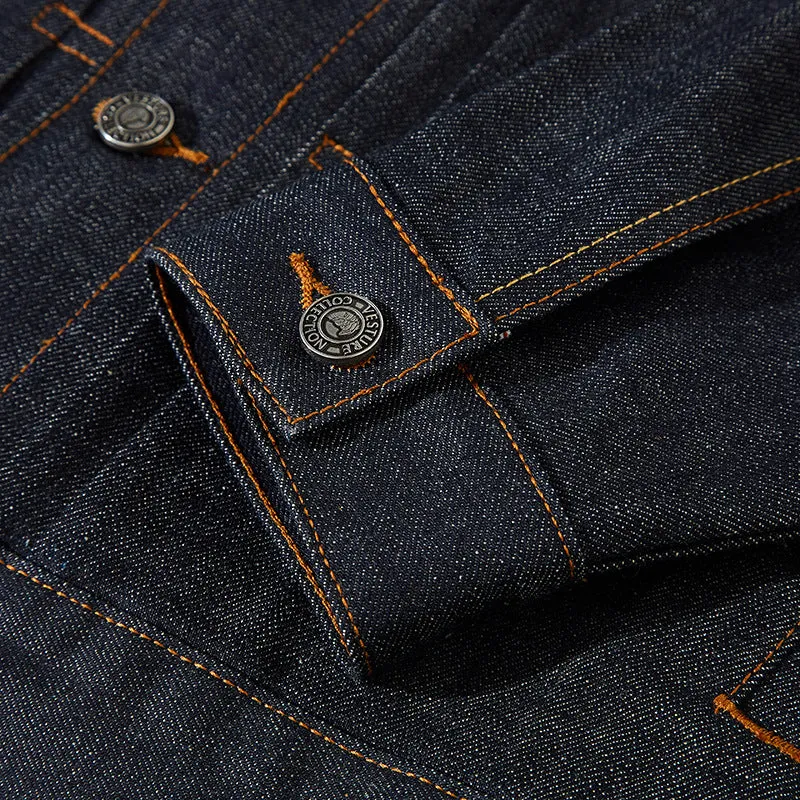 Men's Japanese retro style cotton denim jacket in fruit puree solid colour with loose fit and long sleeves